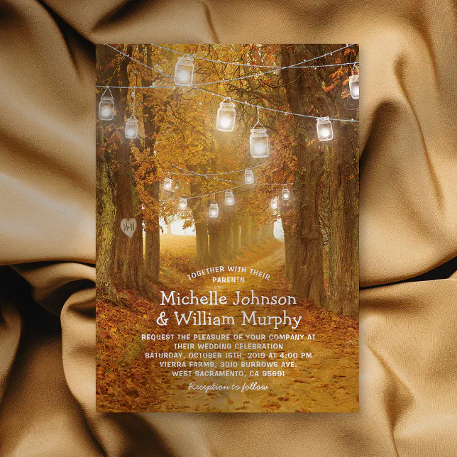Rustic Autumn Leaves Mason Jar Lights Wedding Invitation | Zazzle