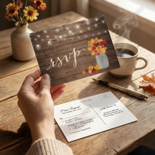Rustic Autumn Leaves Mason Jar String Lights RSVP Invitation Postcard