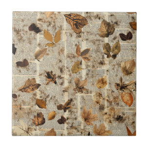 Rustic Autumn Leaves on Vintage Newspaper Ceramic Tile