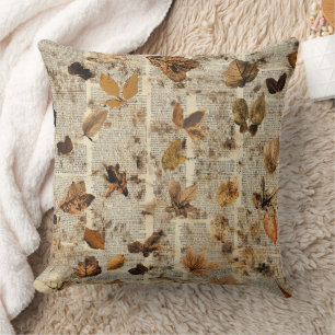 Rustic Autumn Leaves on Vintage Newspaper Cushion