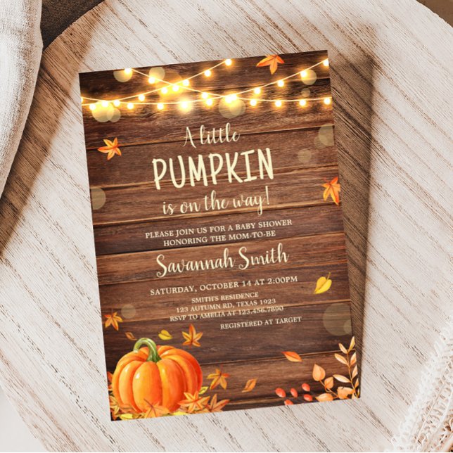 Rustic Autumn Leaves Pumpkin Baby Shower Invitation (Rustic Fall Pumpkin Baby Shower Invitation)
