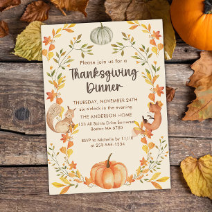 Rustic Autumn Leaves Pumpkin Thanksgiving Dinner  Invitation