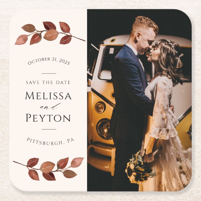 Rustic Autumn Leaves Save the Date Square Paper Coaster (Front)