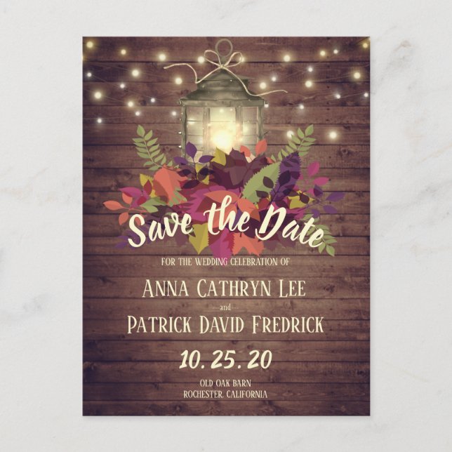 Rustic Autumn Leaves String Lights Save the Date Announcement Postcard (Front)