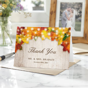 Rustic Autumn Leaves String Lights Thank You Card