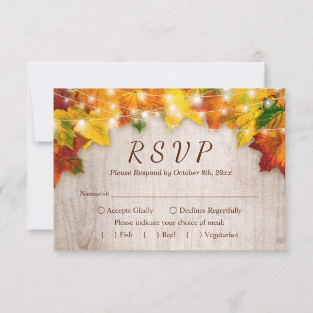 Rustic Autumn Leaves String Lights Wedding RSVP (Front)