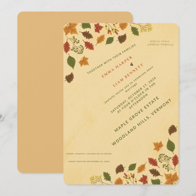 Rustic Autumn Leaves Wedding Invitation – Elegant  (Front/Back)