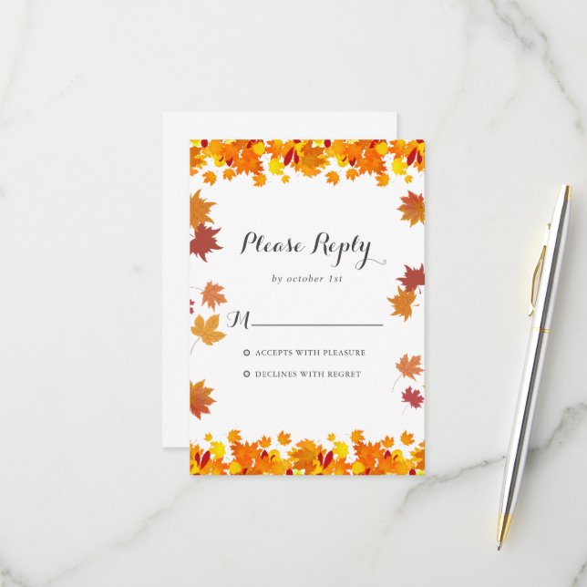Rustic Autumn Leaves Wedding RSVP Card (Front/Back In Situ)