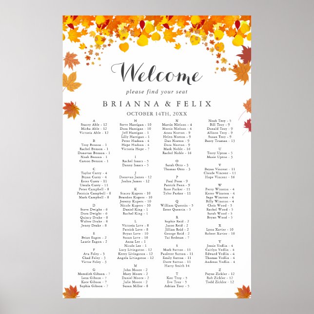 Rustic Autumn Leaves Wedding Seating Chart (Front)