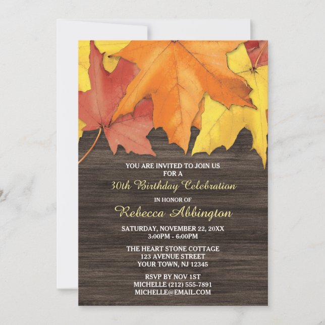 Rustic Autumn Leaves Wood Birthday Invitations (Front)