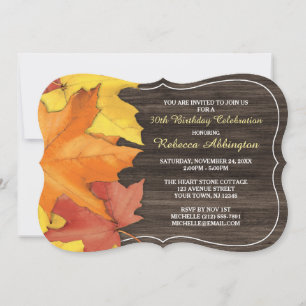 Rustic Autumn Leaves Wood Birthday Invitations