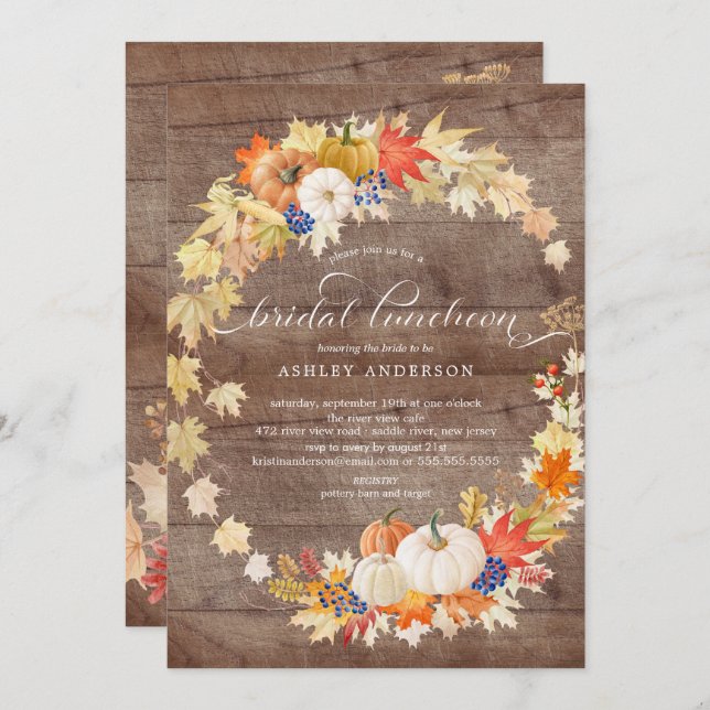 Rustic Autumn Leaves Wreath Bridal Shower Luncheon Invitation (Front/Back)