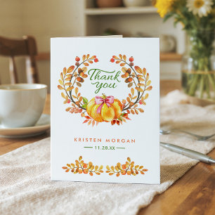 Rustic Autumn Leaves Wreath Pumpkin Thank You Card