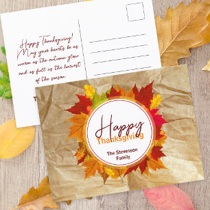 Rustic Autumn Maple Leaf Family Thanksgiving Postcard