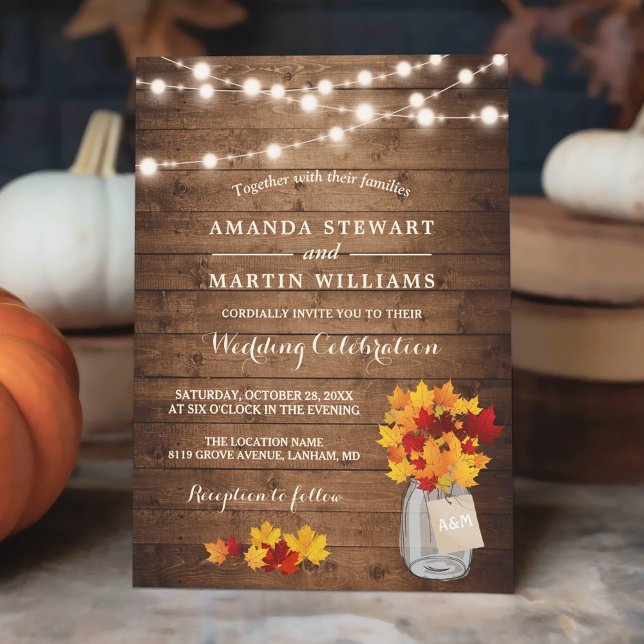 Rustic Autumn Maple Leaves String Lights Wedding Invitation (Creator Uploaded)