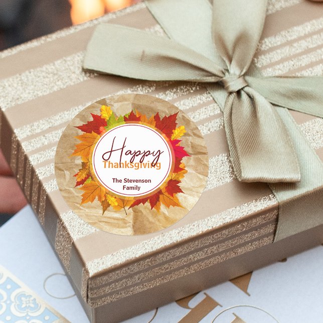 Rustic Autumn Maple Leaves Thanksgiving Favour Classic Round Sticker (Creator Uploaded)