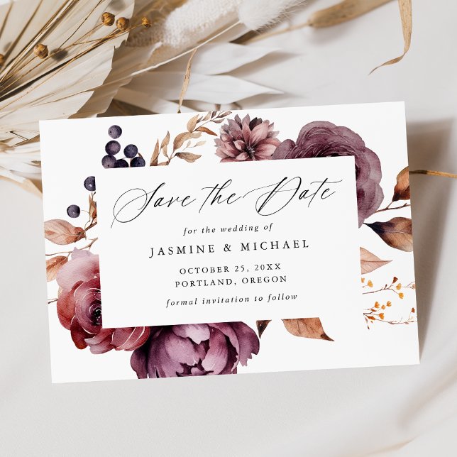 Rustic Autumn Marsala Floral Calligraphy Wedding Save The Date (Creator Uploaded)