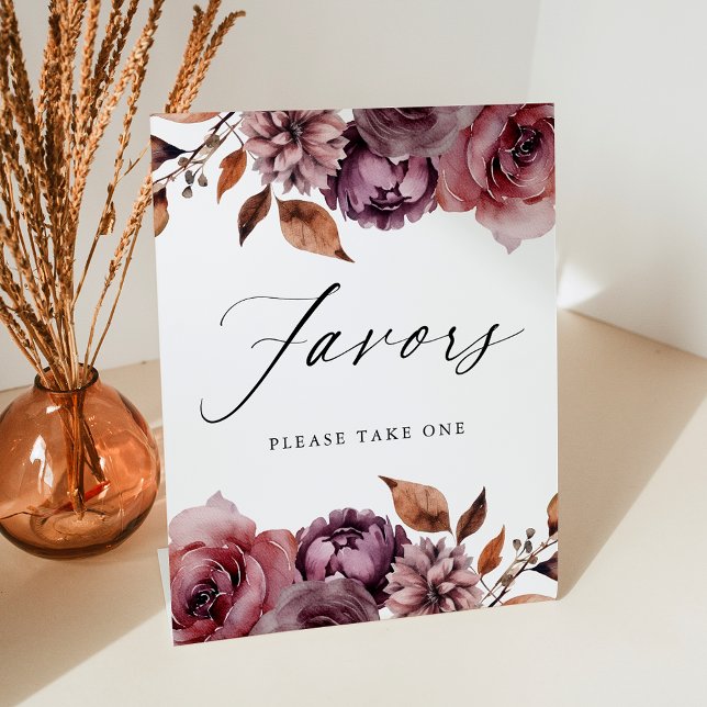 Rustic Autumn Marsala Floral Favours Wedding Favou Pedestal Sign (Creator Uploaded)