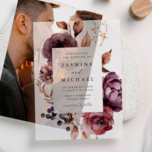 Rustic Autumn Marsala Floral Frame Wedding Vellum Invitations (Creator Uploaded)