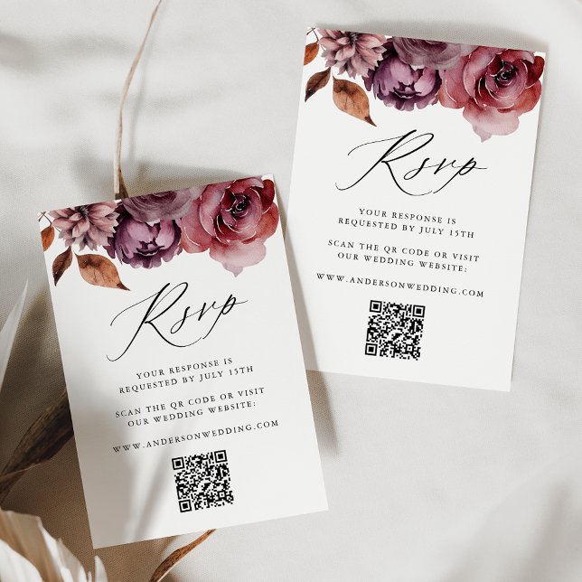 Rustic Autumn Marsala Floral QR Code Wedding RSVP Card (Creator Uploaded)