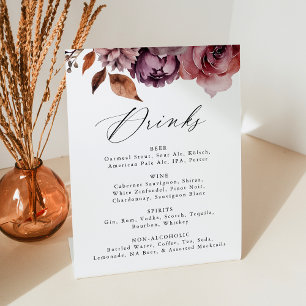 Rustic Autumn Marsala Floral Wedding Drink Menu Pedestal Sign