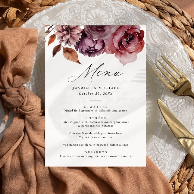 Rustic Autumn Marsala Floral Wedding Menu (Creator Uploaded)