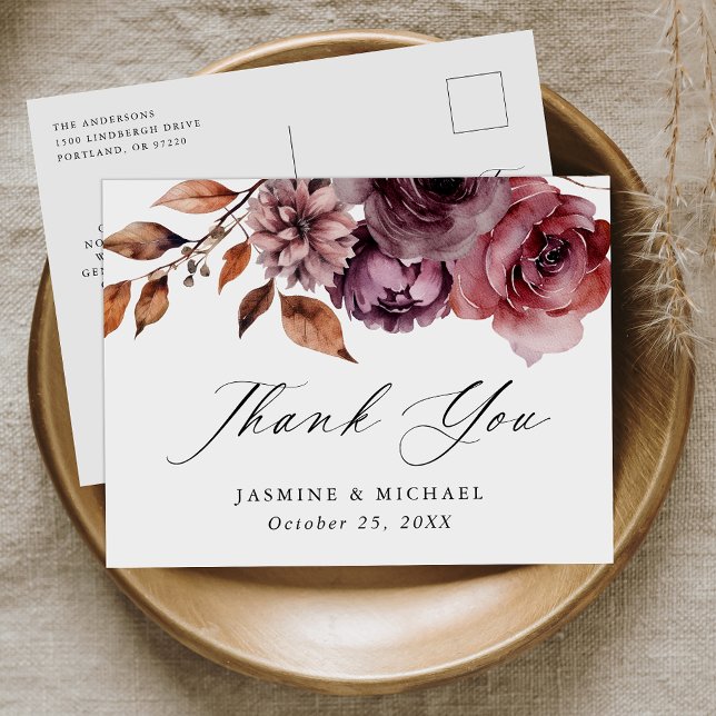 Rustic Autumn Marsala Floral Wedding Thank You Postcard (Creator Uploaded)
