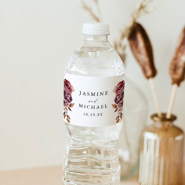Rustic Autumn Marsala Floral Wedding Water Bottle Label (Creator Uploaded)