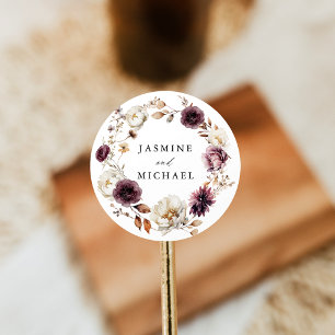 Rustic Autumn Marsala Floral Wreath Wedding Classic Round Sticker