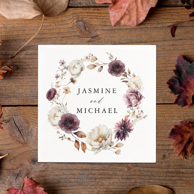 Rustic Autumn Marsala Floral Wreath Wedding Napkin (Creator Uploaded)