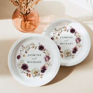 Rustic Autumn Marsala Floral Wreath Wedding Paper Plate