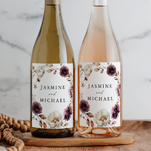 Rustic Autumn Marsala Floral Wreath Wedding Wine Label