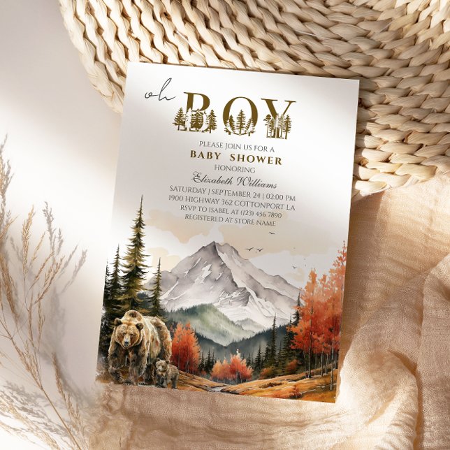 Rustic Autumn Mountain Bear Adventure Baby Shower Invitation (Creator Uploaded)