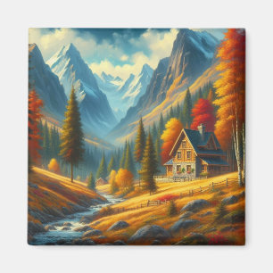 Rustic, Autumn mountain cottage & river Magnet