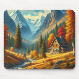 Rustic, Autumn mountain cottage & river Mouse Pad