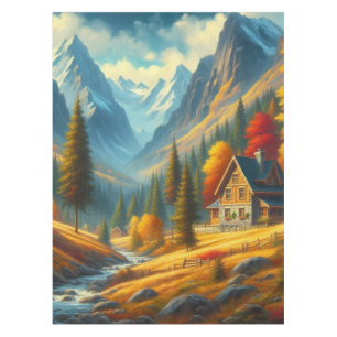 Rustic, Autumn mountain cottage & river Tablecloth