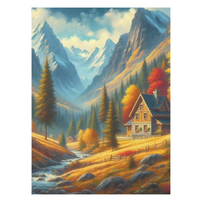 Rustic, Autumn mountain cottage & river Tablecloth (Front)