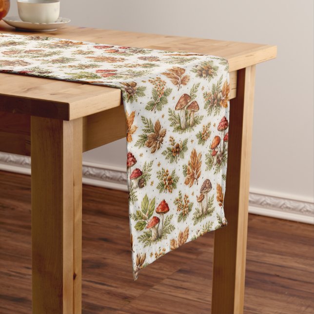 Rustic Autumn Mushroom Botanical Illustration Short Table Runner (In Situ)