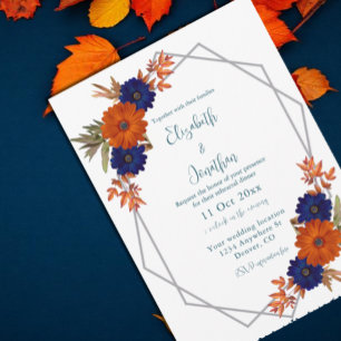 Rustic Autumn Orange Blue Floral Rehearsal Dinner Invitation