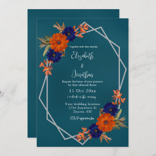 Rustic Autumn Orange Blue Floral Rehearsal Dinner Invitation