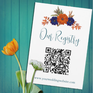Rustic Autumn Orange Blue Floral Wedding Registry Enclosure Card