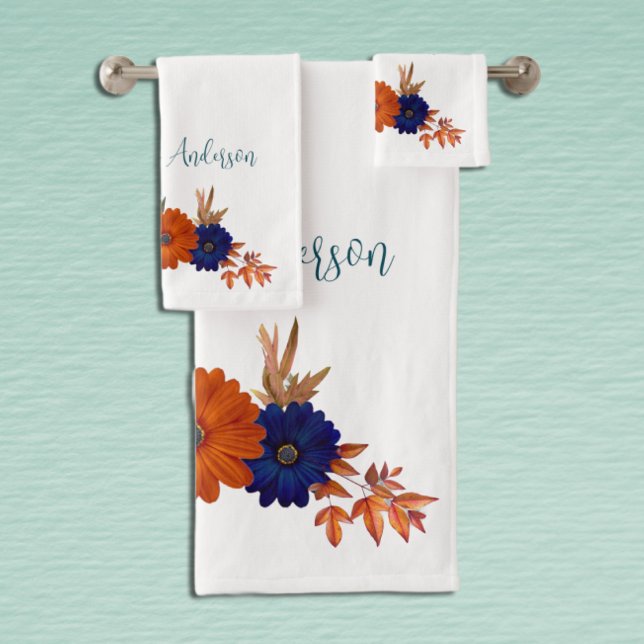 Rustic Autumn Orange Navy Blue Floral Bath Towel Set (Creator Uploaded)