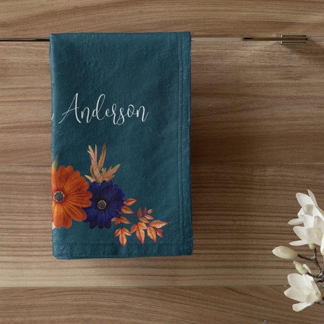 Rustic Autumn Orange Navy Blue Floral Bath Towel Set (Creator Uploaded)