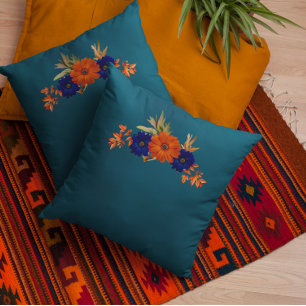 Rustic Autumn Orange Navy Blue Floral Cushion