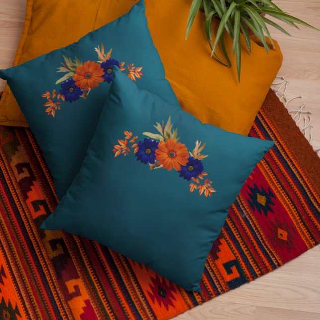 Rustic Autumn Orange Navy Blue Floral Cushion (Creator Uploaded)