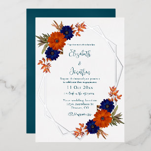 Rustic Autumn Orange Navy Blue Floral Engagement