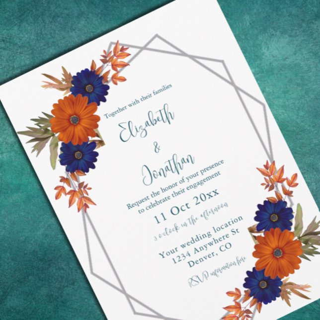 Rustic Autumn Orange Navy Blue Floral Engagement Invitation (Creator Uploaded)