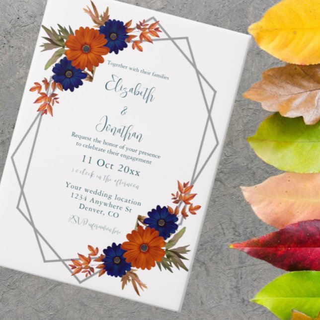Rustic Autumn Orange Navy Blue Floral Engagement Vellum Invitations (Creator Uploaded)