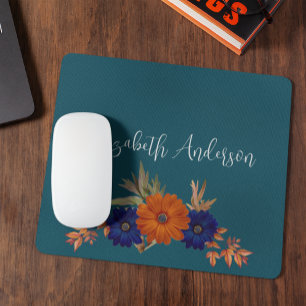 Rustic Autumn Orange Navy Blue Floral Mouse Pad