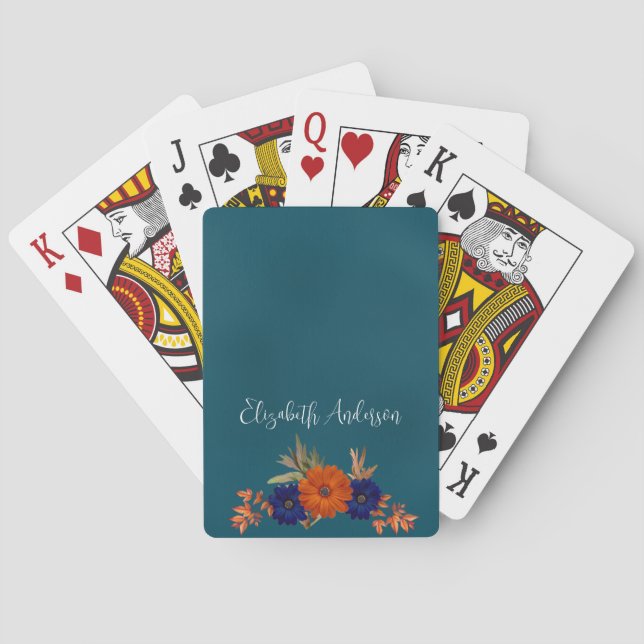 Rustic Autumn Orange Navy Blue Floral Playing Cards (Back)